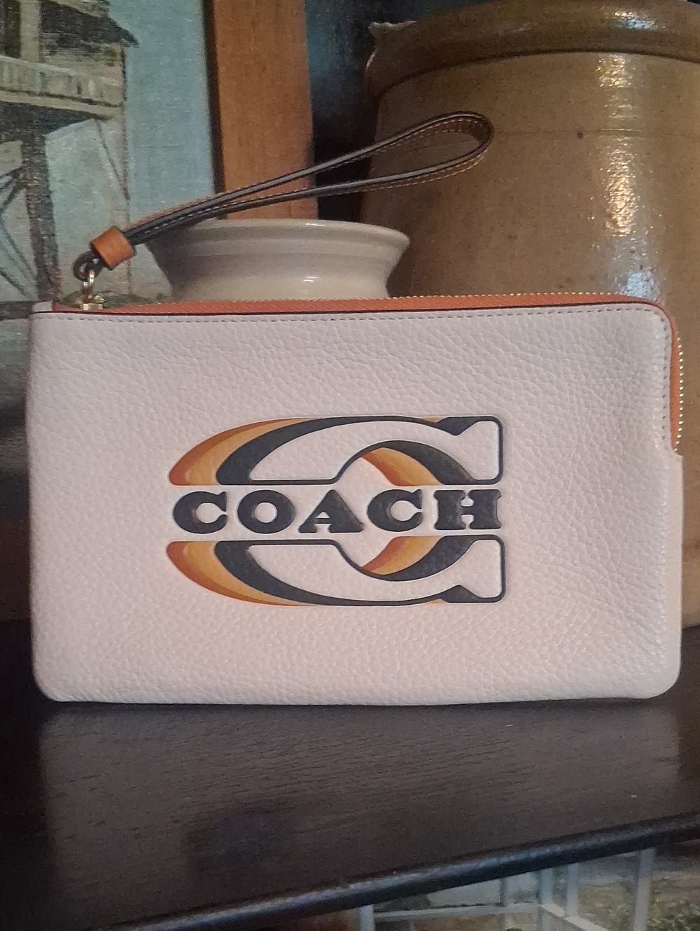 Coach Leather Wristlet with Multicolor Logo - White, Orange, Black